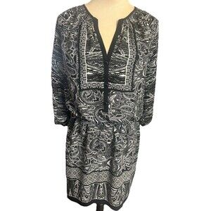 Cache Black White Paisley Smocked Blouson Button 3/4 Sleeves Dress Casual Sz M